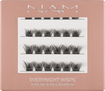 NAM Everynight Wisps czarne kępki rzęs 10/12mm, 20 sztuk w otwartym różowym pudełku, widok z przodu.