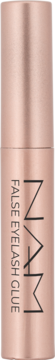 NAM False Eyelash Glue: rose gold, cylindryczna butelka z metalicznym połyskiem, widok z przodu, pionowy napis.