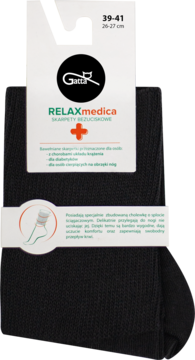 Czarne skarpety bezuciskowe Gatta RELAXmedica (39-41) z metką, idealne dla diabetyków, widok z przodu.