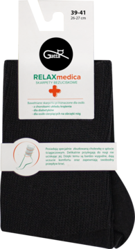 Czarne skarpety bezuciskowe Gatta RELAXmedica (39-41) z metką, idealne dla diabetyków, widok z przodu.