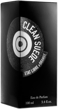 Etat Libre d'Orange Clean Suede Eau de Parfum, czarne opakowanie z pionowym logo, widok z przodu.
