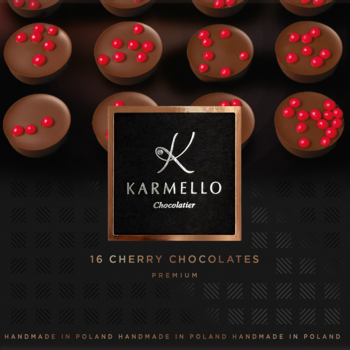 Pudełko Karmello, 16 wiśniowych pralinek z ciemnej czekolady, okrągłe z czerwonymi perłami. Widok z góry.