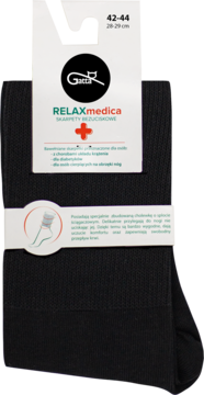 Czarne skarpety bezuciskowe męskie Gatta Relaxmedica w opakowaniu, rozmiar 42-44, widok z przodu.