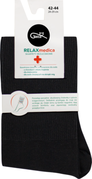 Czarne skarpety bezuciskowe męskie Gatta Relaxmedica w opakowaniu, rozmiar 42-44, widok z przodu.