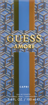 Guess Amore Capri Eau de Toilette box, blue and gold with bold stripes and a geometric pattern.