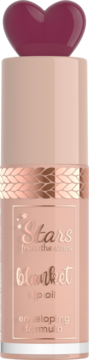 Stars from The Stars Blanket Lip Oil, beżowa butelka z burgundowym sercem, różowo-złoty wzór.
