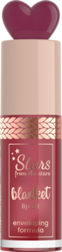 Stars from the Stars Burgundy Bliss Blanket Lip Oil w przezroczystej butelce z sercem, złote detale, widok z przodu.