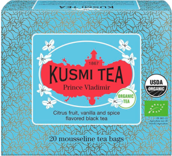 Błękitne pudełko Kusmi Tea Prince Vladimir, organiczna czarna herbata cytrusowo-waniliowa, 20 torebek.
