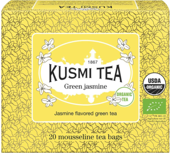 Kusmi Tea Green Jasmine: żółte pudełko organicznej zielonej herbaty jaśminowej w 20 torebkach.
