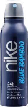 Ciemnoniebieski męski dezodorant Nike Blue Bamboo 200 ml w sprayu, widok z przodu, srebrne logo, niebieski napis.
