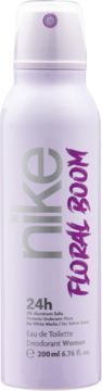 Dezodorant Nike Floral Boom w liliowym sprayu, 200ml, widok z przodu, z falistym napisem Floral Boom.