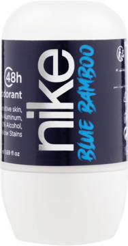 Nike Blue Bamboo męski dezodorant roll-on w białej butelce z granatową etykietą i srebrnym logo Nike.