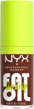 NYX Fat Oil Lip Drip, nawilżający błyszczyk w brązowej butelce z jaskrawozieloną nakrętką, widok z przodu.