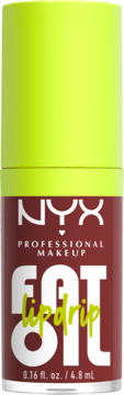 NYX Fat Oil Lip Drip, czerwony błyszczyk w cylindrycznej butelce z neonowym zielonym wieczkiem, widok z przodu.