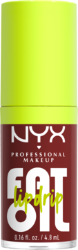 NYX Professional Makeup Fat Oil lip drip w burgundowej butelce z limonkowym korkiem i białym napisem, widok z przodu.
