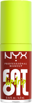 NYX Fat Oil Lip Drip, nawilżający olejek do ust w czerwonej butelce, limonkowy korek i zielony napis lipdrip. Widok z przodu.