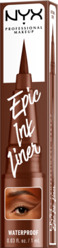 Brown NYX Epic Ink Liner, wodoodporny eyeliner w pisaku, na brązowym pudełku z okiem.