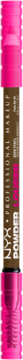 NYX Powder Louder kredka do brwi Soft Brown, brązowa z różowymi końcówkami, pionowo.