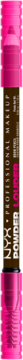 Kredka do brwi NYX Powder Louder Ash Brown, cylindryczna, z różowymi nasadkami, widok pionowy.