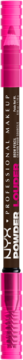 NYX Professional Makeup Powder Louder kredka do brwi Deep Brown, pionowy widok z różowymi końcówkami.