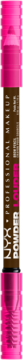 Kredka do brwi NYX Powder Louder Espresso z brązowym korpusem i jaskrawymi różowymi nasadkami, widok z przodu.