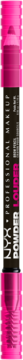 NYX Powder Louder czarna kredka do brwi w pionie, rozmyty obraz z różowymi końcówkami.