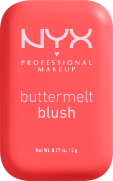 Koralowy róż NYX Buttermelt blush w prostokątnym opakowaniu, widok z przodu, z logo i nazwą.