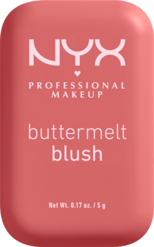 NYX Buttermelt Blush, matowy róż w proszku w brzoskwiniowo-różowym, prostokątnym opakowaniu, widok z przodu.