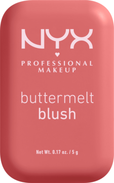 NYX Buttermelt Blush, matowy róż w proszku w brzoskwiniowo-różowym, prostokątnym opakowaniu, widok z przodu.