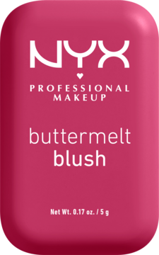 Róż NYX Buttermelt w intensywnie różowym, prostokątnym kompakcie, widok z przodu, z białym napisem.