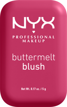 Róż NYX Buttermelt w intensywnie różowym, prostokątnym kompakcie, widok z przodu, z białym napisem.