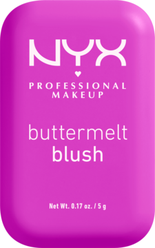 NYX Buttermelt Blush: prostokątny fioletowy kompakt z białym napisem i logo NYX, widok z przodu.