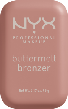 Bronzer NYX Buttermelt w pudrowo-różowym kompakcie, widok z przodu z logo i wagą netto.