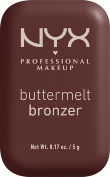NYX Buttermelt Bronzer, ciemnobrązowy kompakt z logo NYX i napisem 'buttermelt bronzer', widok z przodu.