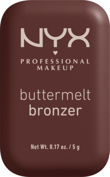 NYX Buttermelt Bronzer, ciemnobrązowy kompakt z logo NYX i napisem 'buttermelt bronzer', widok z przodu.