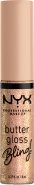 Złoty, brokatowy błyszczyk do ust NYX Butter Gloss Bling! w tubce z beżową nakrętką, widok z przodu.