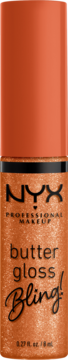 NYX Butter Gloss Bling!, brokatowy błyszczyk do ust w miedzianym kolorze, widok z przodu.