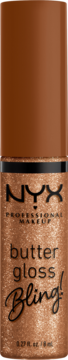 NYX Butter Gloss Bling w brokatowym, brązowym odcieniu, widok z przodu pionowej butelki błyszczyka.