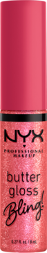 NYX Professional Makeup Butter Gloss Bling!, brokatowy błyszczyk różowo-złoty, w tubce, widok z przodu.