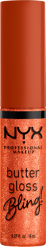 Brokatowy błyszczyk do ust NYX Butter Gloss Bling! w kolorze miedzianym, widok z przodu.