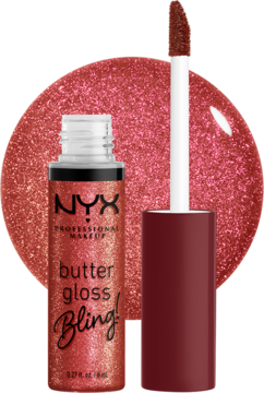 Brokatowy błyszczyk NYX Butter Gloss Bling w odcieniu Big $pender, tubka, otwarty aplikator, próbka koloru.