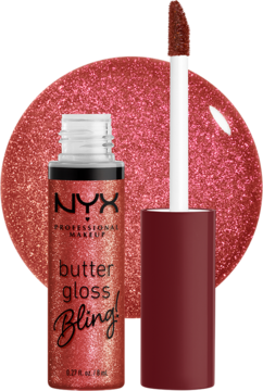 Brokatowy błyszczyk NYX Butter Gloss Bling w odcieniu Big $pender, tubka, otwarty aplikator, próbka koloru.