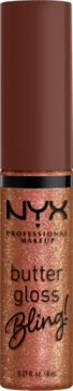 Brokatowy błyszczyk NYX Butter Gloss Bling! w miedziano-złotej tubce z ciemną nakrętką, widok z przodu.