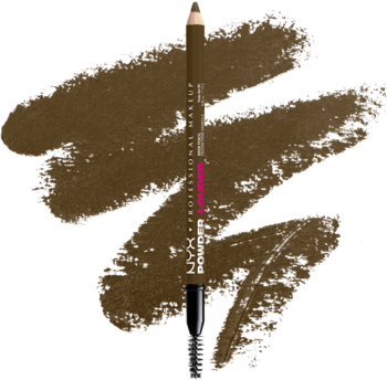 NYX Micro Brow Pencil w kolorze Taupe, ukośnie ułożona na brązowych swatchach, ze szczoteczką.