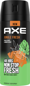 Axe Jungle Fresh dezodorant w sprayu, czarno-zielona puszka o zapachu palmy i bursztynu, widok z przodu.