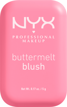 Róż NYX Buttermelt w pudrze, różowe opakowanie, widok z przodu, z białym napisem "buttermelt blush".