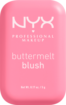 Róż NYX Buttermelt w pudrze, różowe opakowanie, widok z przodu, z białym napisem "buttermelt blush".