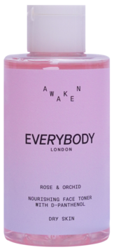 Awaken Everybody London Rose & Orchid Nourishing Face Toner for dry skin, clear pink bottle, front view.