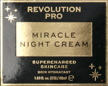 Black box of Revolution Pro Miracle Night Cream with gold text and stars, 50ml, front view.
