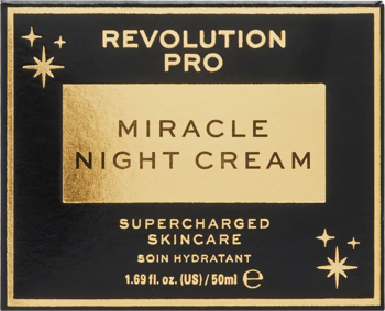 Revolution Pro Miracle Night Cream, czarne pudełko 50ml ze złotą etykietą i napisami, widok z przodu.